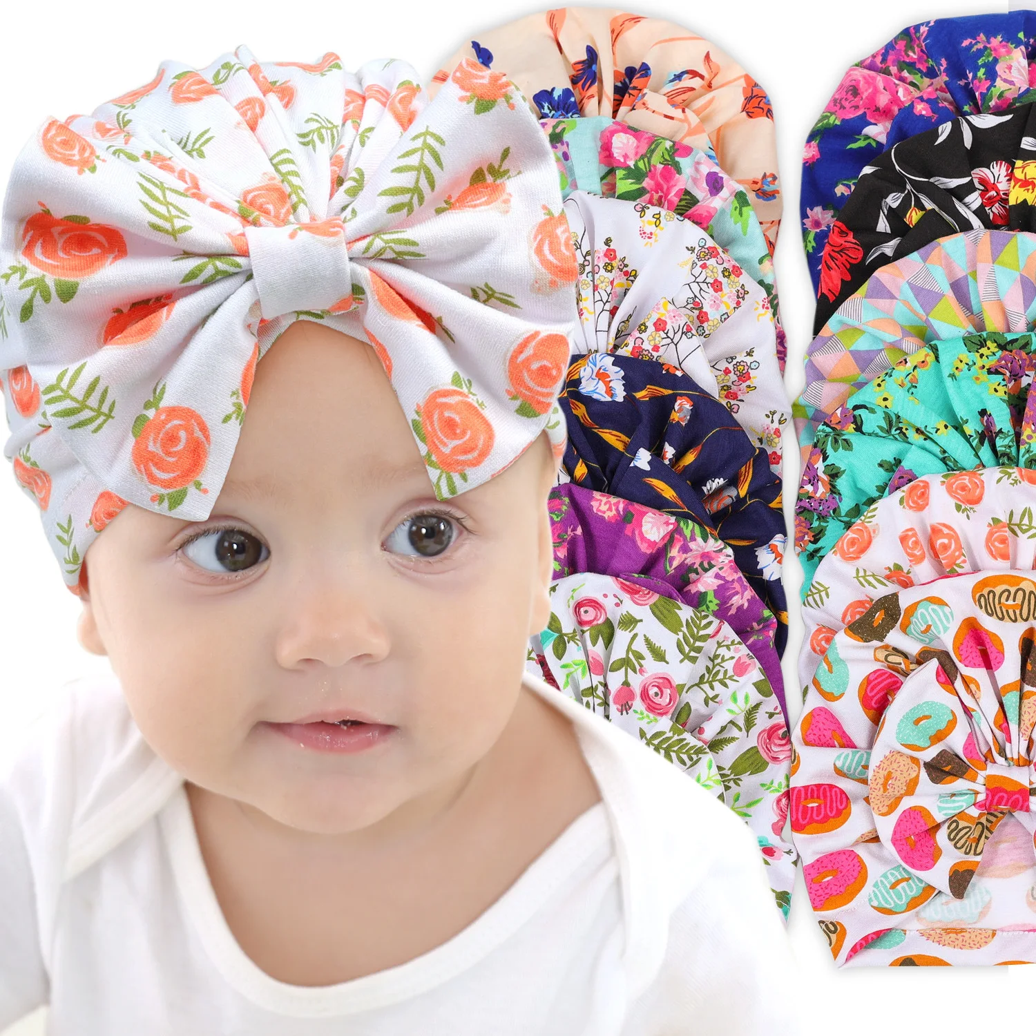 Floral Fabric Baby Knot Bow Turban Beanie Hat Infant Newborn Bonnet Hospital Cap Baby Shower Gift Hair Accessories