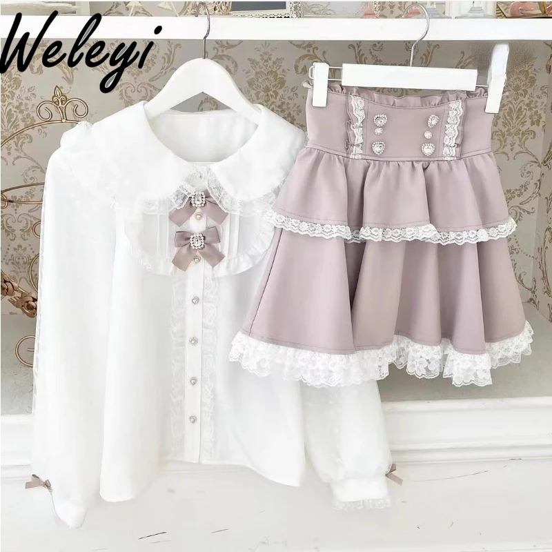 

Cute Mine Style Lolita Bowknot Shirts Women Tops 2024 Summer Sweet All Matching Doll Collar Long Sleeve Fashion Koszule I Bluzki