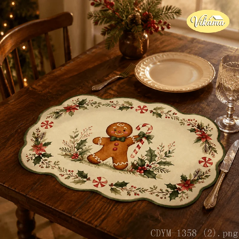 VIKAMA Christmas Placemat Gingerbread Candy Cane Print, Waterproof Oil-Proof Heat-Resistant Holiday Table Mat for Home