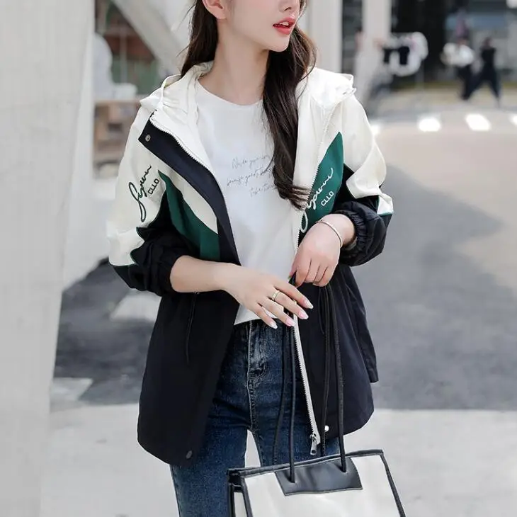 Contrast Color Splicing Mid-length Hooded Windbreaker Women Spring and Autumn New Casual Loose and Versatile Sportswear Jacket