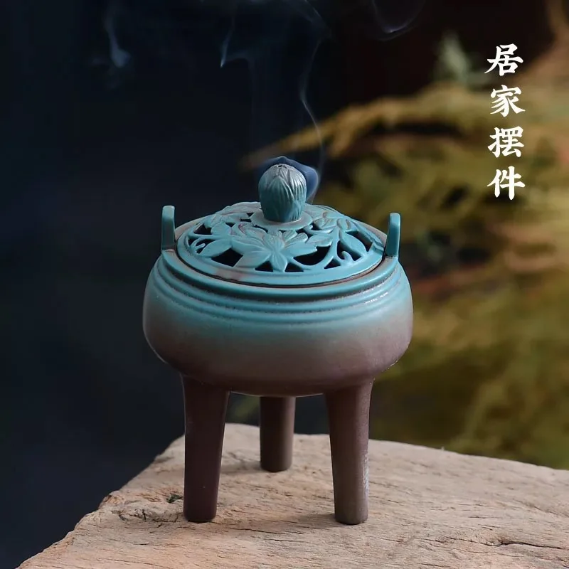 Chinese style Ceramic Three-legged Antique Incense Burner Indoor Incense for Buddha Creative Decoration