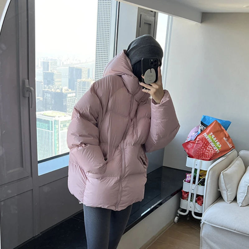 Women\'s Casual Double Zipper Down Jacket, Thick Loose Warm Hooded Coats, Short Puffer Coats, Thick Bread Clothes, New, Winter