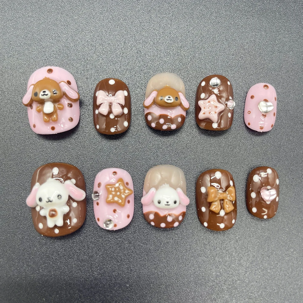 

Kawaii Short Sweet Rabbit Pink Chocolate Color Press On Nails Sticker Handmade Cartoon Cute 3D Rabbit Polka Dot Stars False Nail