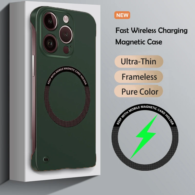 Ultradünne, matte, rahmenlose Magsafe-Hülle für iPhone 16E 16 15 14 13 12 Mini 11 Pro Max Plus XR XS X magnetische Kühlung PC-Abdeckung