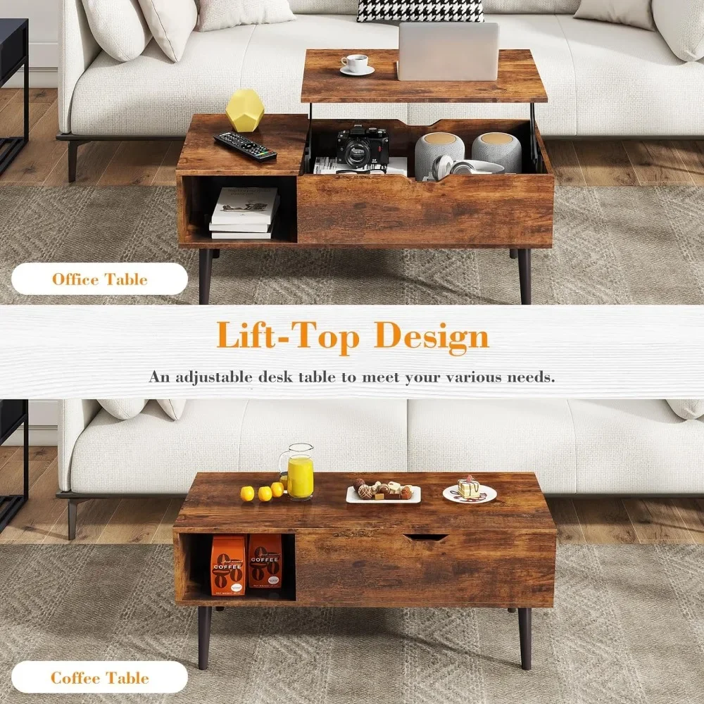 Lift Top Coffee Tables for Living Room, Small Modern Wooden Center Tables with Storage Shelf and Hidden Compartment