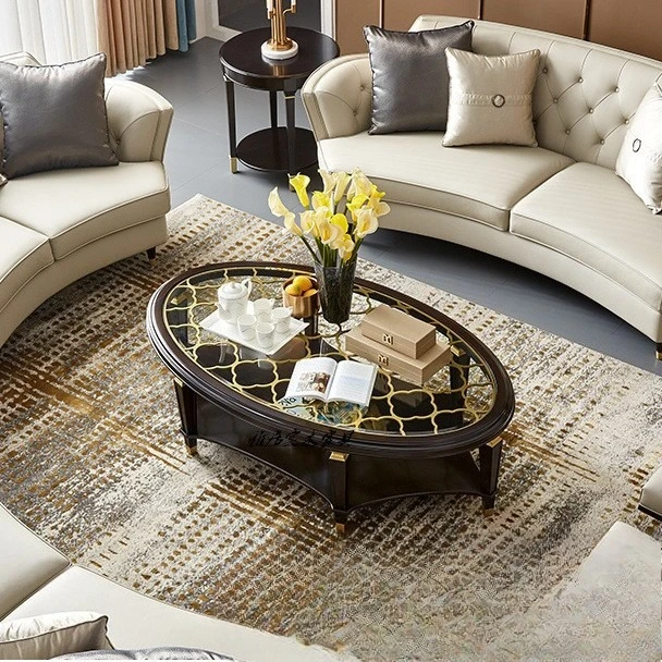 Solid wood hollow coffee table modern simple oval glass double storage coffee table coffee table