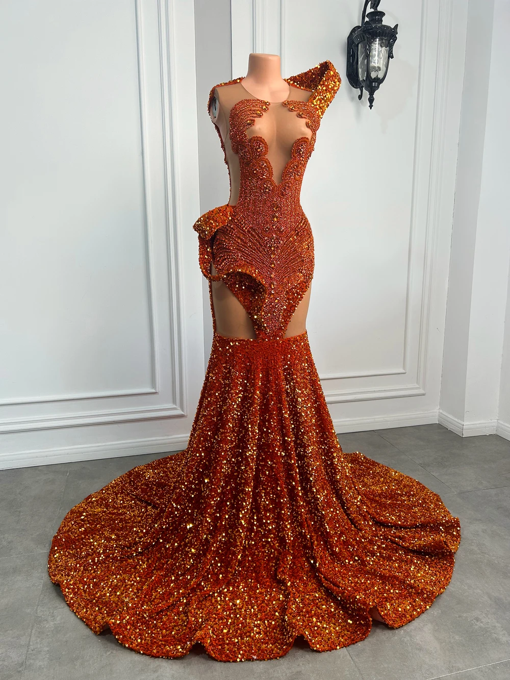 Long Orange Prom Dress 2026 Gorgeous Sexy Mermaid Sheer Mesh Sparkly Sequin Black Girls Prom Party Gowns