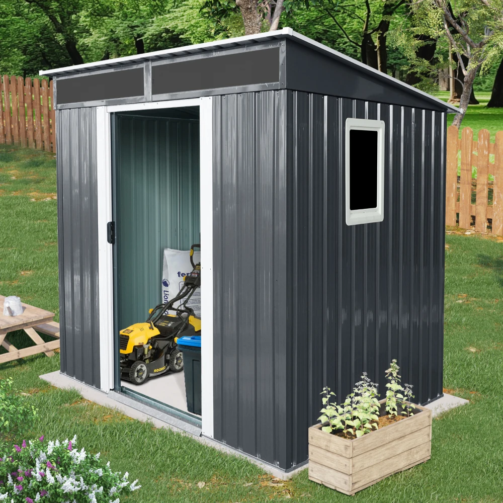 

6ft X 5ft Outdoor Metal Storage Shed with Window and Transparent Plate for Garden, Lawn (Black and White) Garden Storage