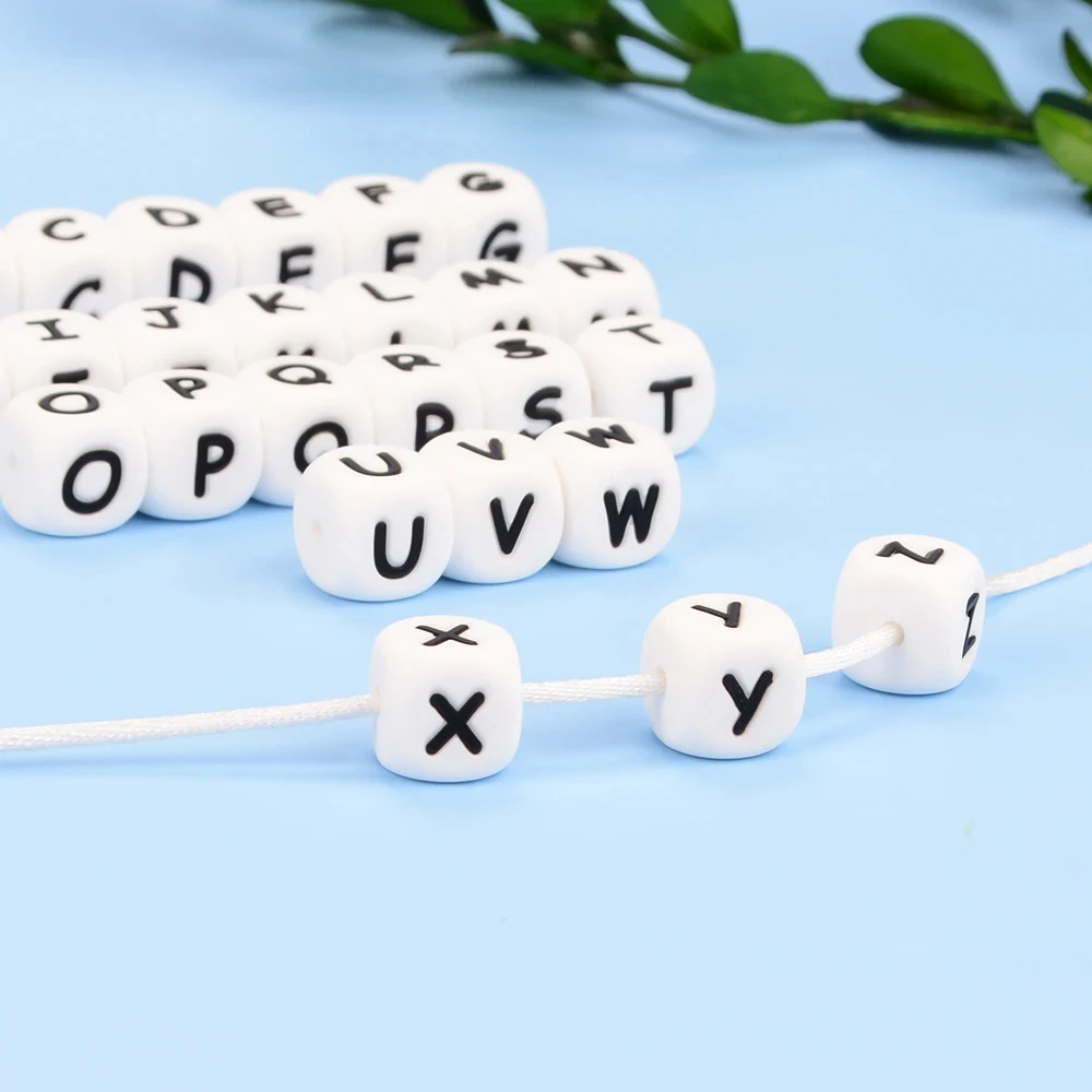 LOFCA 40PCS/Lot Alphabet 12mm Food Grade Letter Silicone Beads Baby Bead Pacifier Chain BPA Free for Name Make DIY Necklace