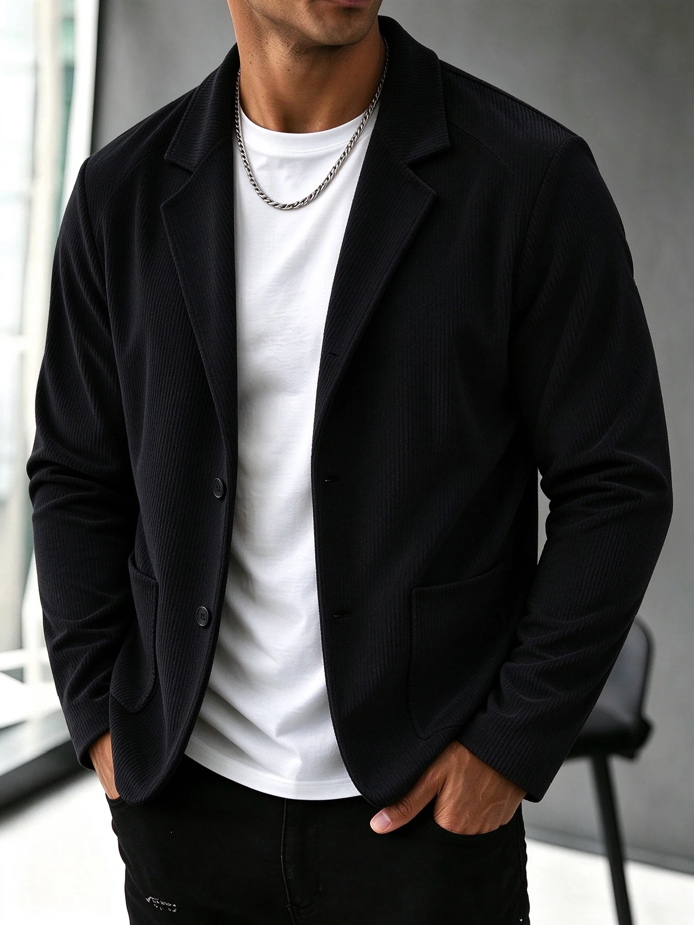 Notched Lapel Two-Button Casual Blazer, Italian Lazy Casual Style, Curved Patch Pockets & Raglan Sleeves, Loose Clean Draping Fi