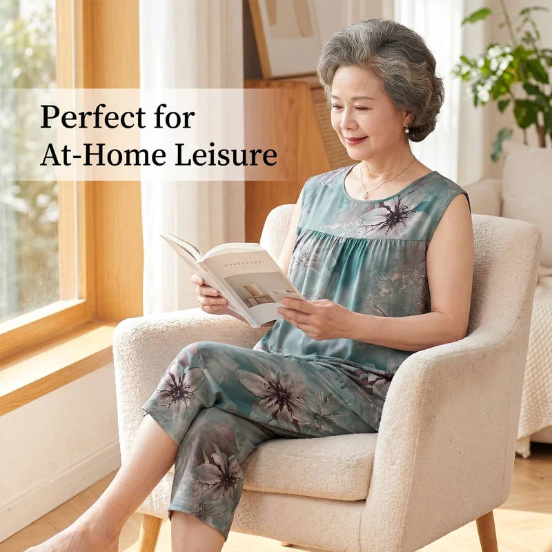 Grandma Set Summer Sleeveless T-Shirt Pajamas Mom Loose Plus Size Summer Two-Piece Set Middle-Aged and Elderly Pajama Vest