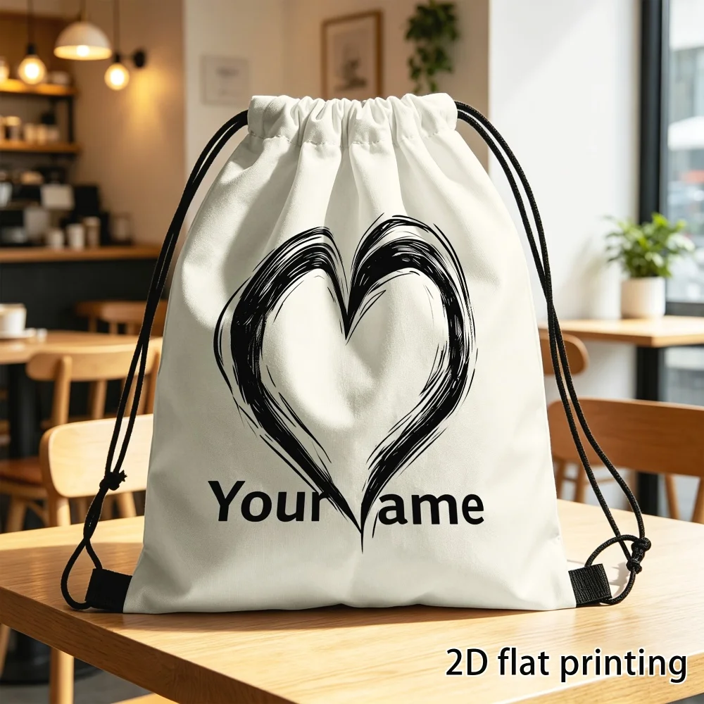 Personalized Heart Pattern Drawstring Bag Custom Name Love Heart Print Kids Backpack for Daily Casual Storage