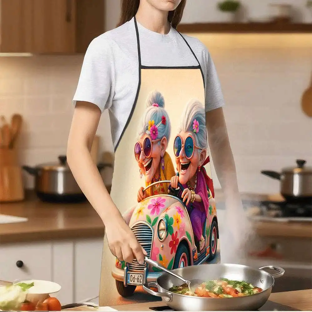 Funny Grandma Car Print Kitchen Apron 3D Cartoon Old Ladies Driving Vehicle Pattern Chef Cooking Bibs Linen Waterproof Baking