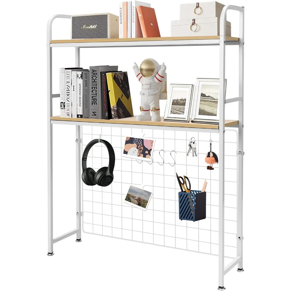 Computer Desktop Bookcase 2-Tier Multipurpose Countertop Hutch Display Shelf Adjustable Wood Rack Organizer (White)