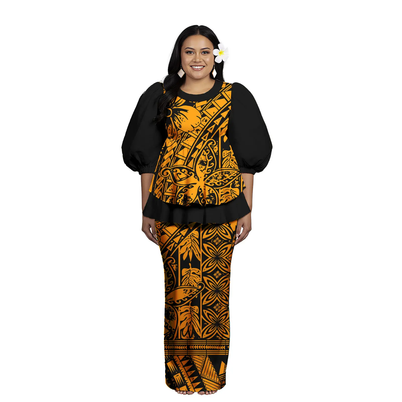 

Polynesian Elei Tribal Custom Design Birthday Prom Dance Casual Puletasi Samoan Suit for Women Asia & Pacific Islands Clothing