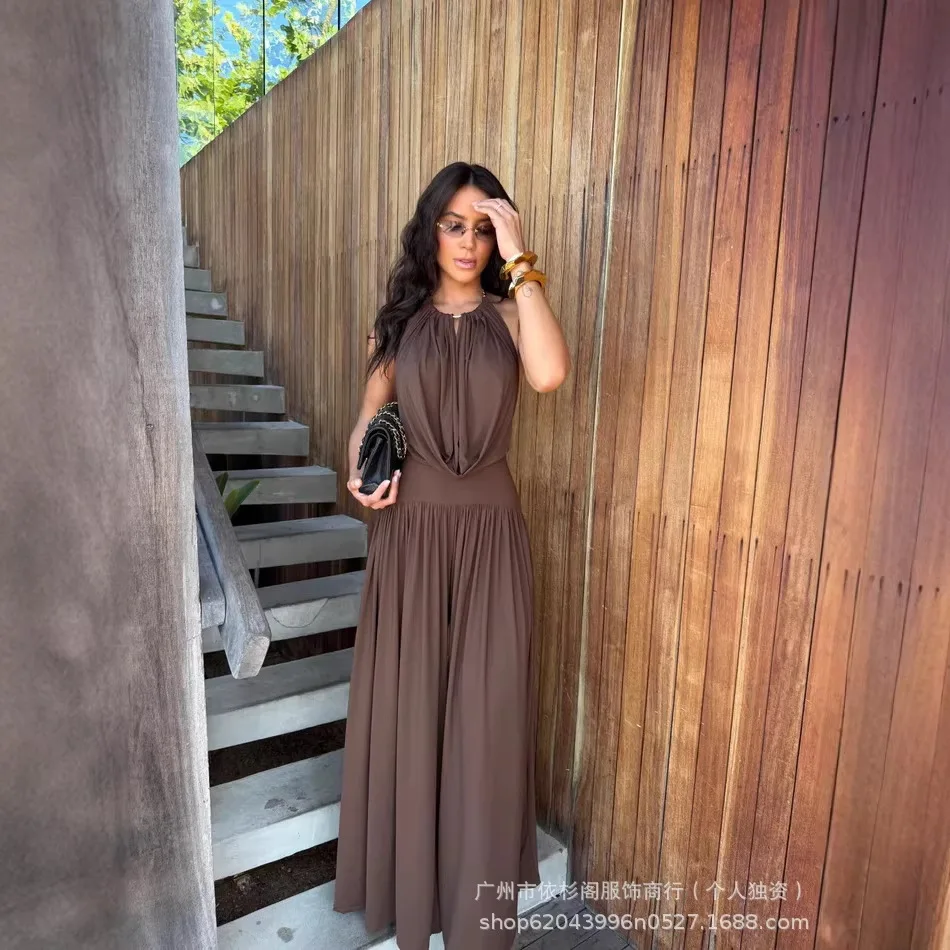 

Women's Sexy Suit V-neck Sleeveless Backless Halter Tops+High Waist Wide Leg Pants Set 2026 Summer Elegant Pleat Vacation Outfit