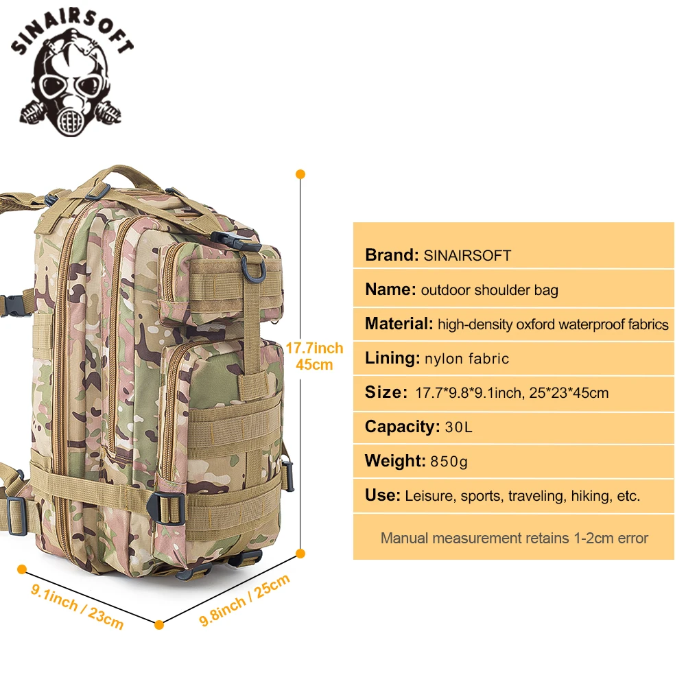 30L Field Survival Hiking Backpack 3P EDC Molle Pack Outdoor Sport Camping Backpack Multifunctional  Hunting Fishing Back Pack