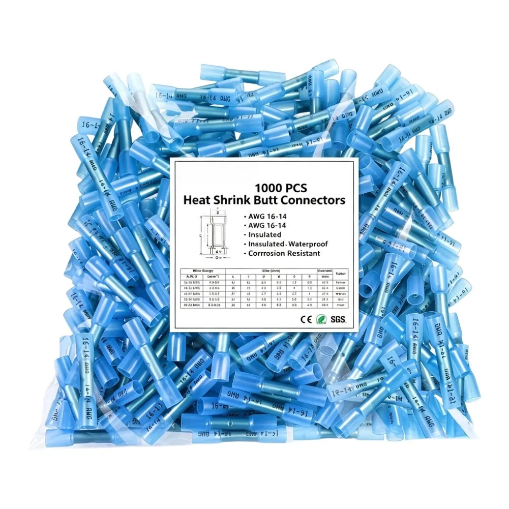 1000pcs Blue Heat Shrink Wire Connectors 3:1 Shrink Ratio Waterproof Crimp Terminals for Electrical Maintenance and Repair