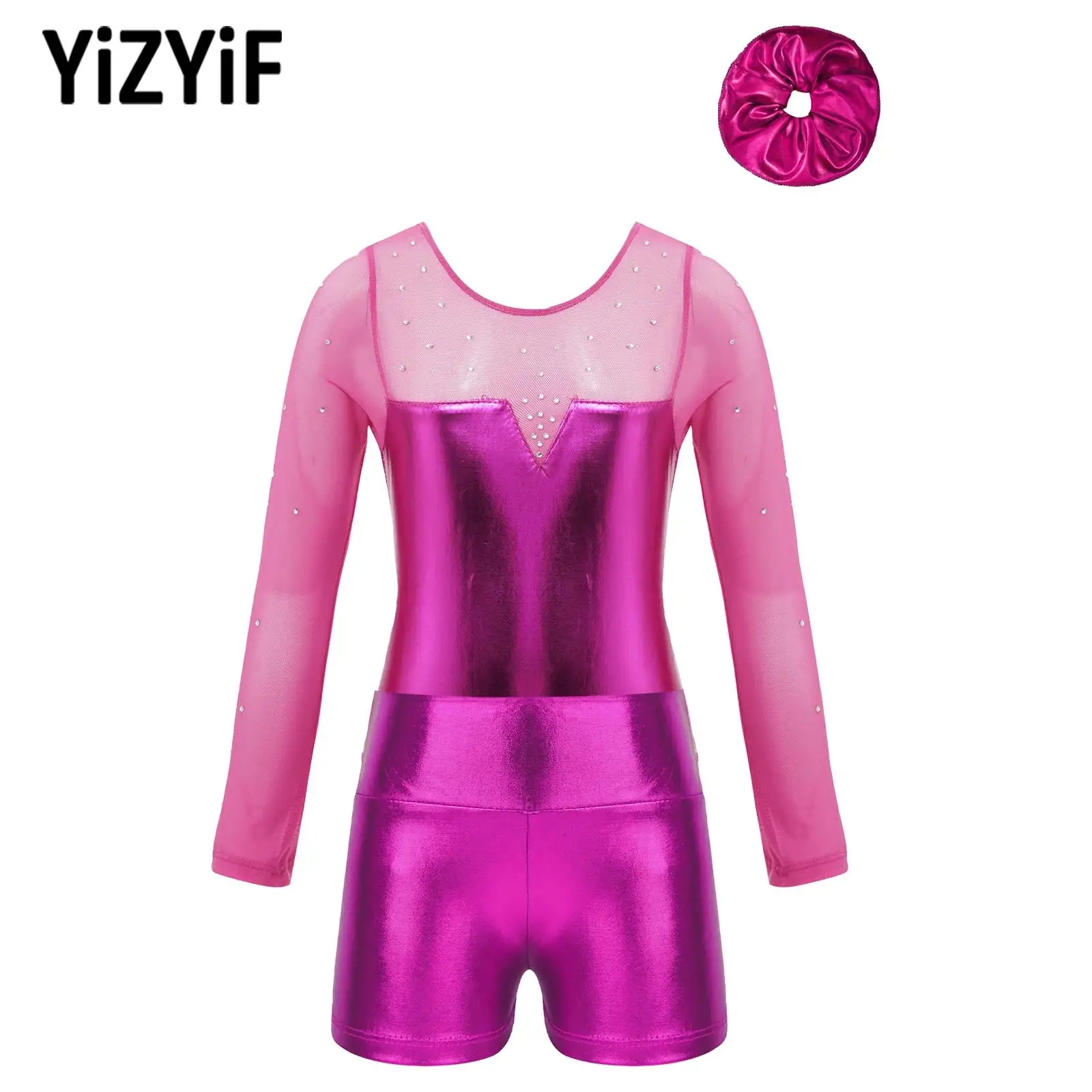 Kids Girls Long Sleeve Ballet Gymnastics Leotard with Shorts Metallic Rhinestones Dance Outfits Performance Dancewear Sets