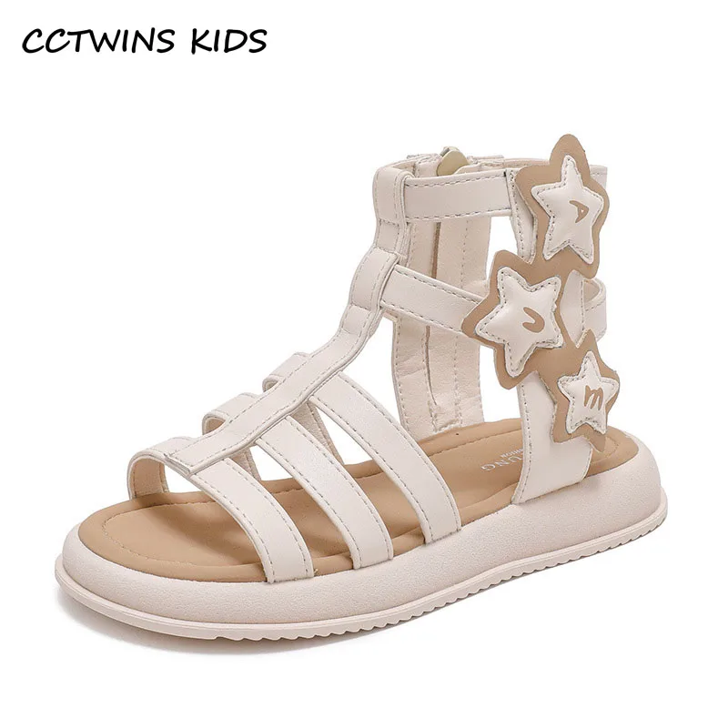 Girls Sandals Summer Kids Fashion Brand Princess Dress Rome Gladiator High Top Shoes Toddler Children Flats Star White Soft Sole