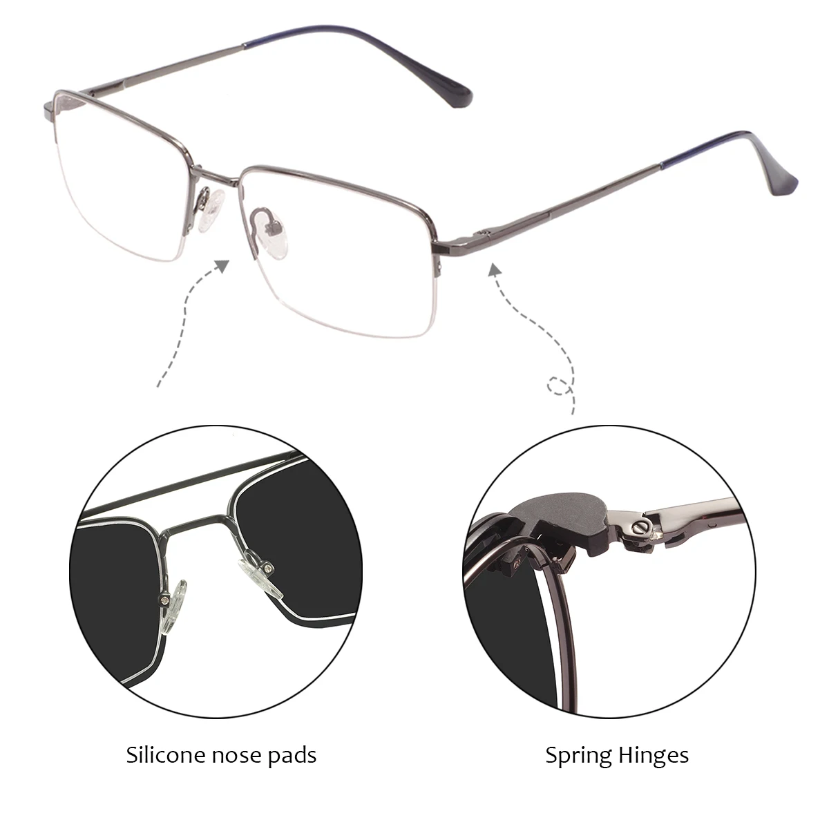Men Metal Rectangle Glasses Frame Half Rim Superfine With Spring Hinge With Clip On Sunglasses For Optical Prescription Lenses