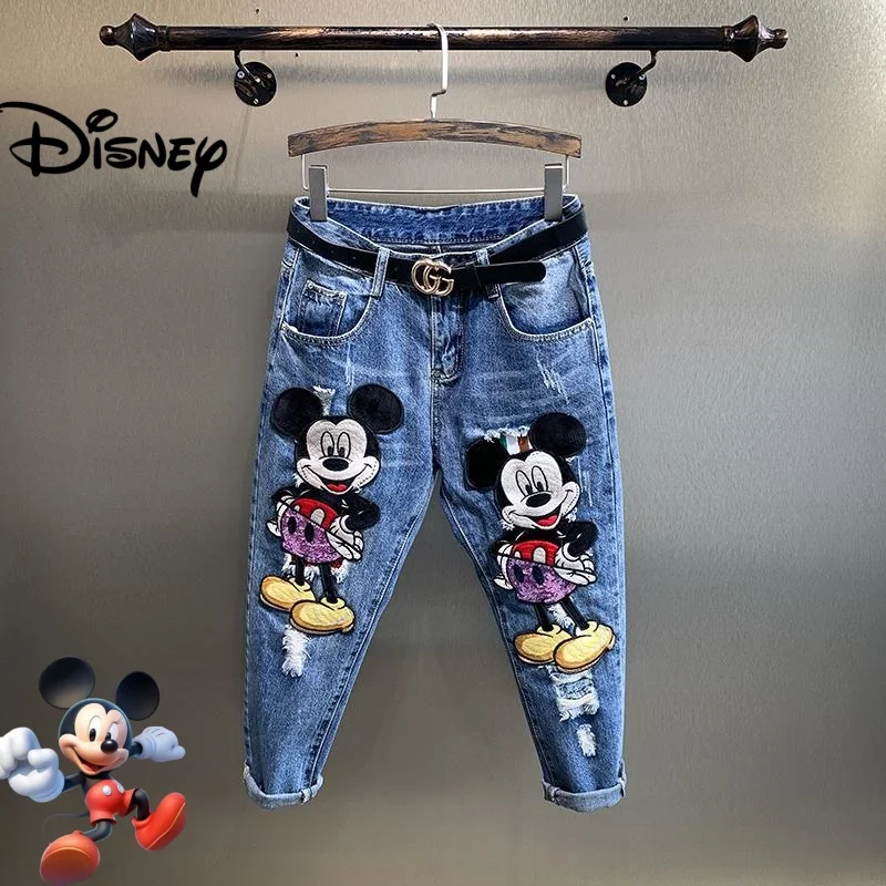 Celana longgar bergaya Mickey lucu kartun Disney untuk wanita, celana denim lurus ramping bersulam musim semi dan musim gugur yang baru, hadiah.