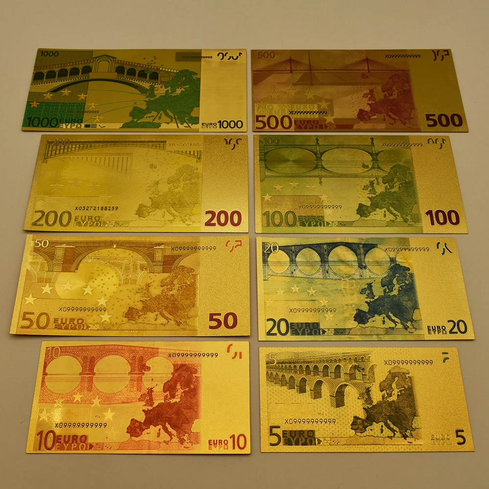 8pcs EUR Gold Banknotes 5 10 20 50 100 200 500 1000 Bills PET Plastic Collection Card Home Decoration