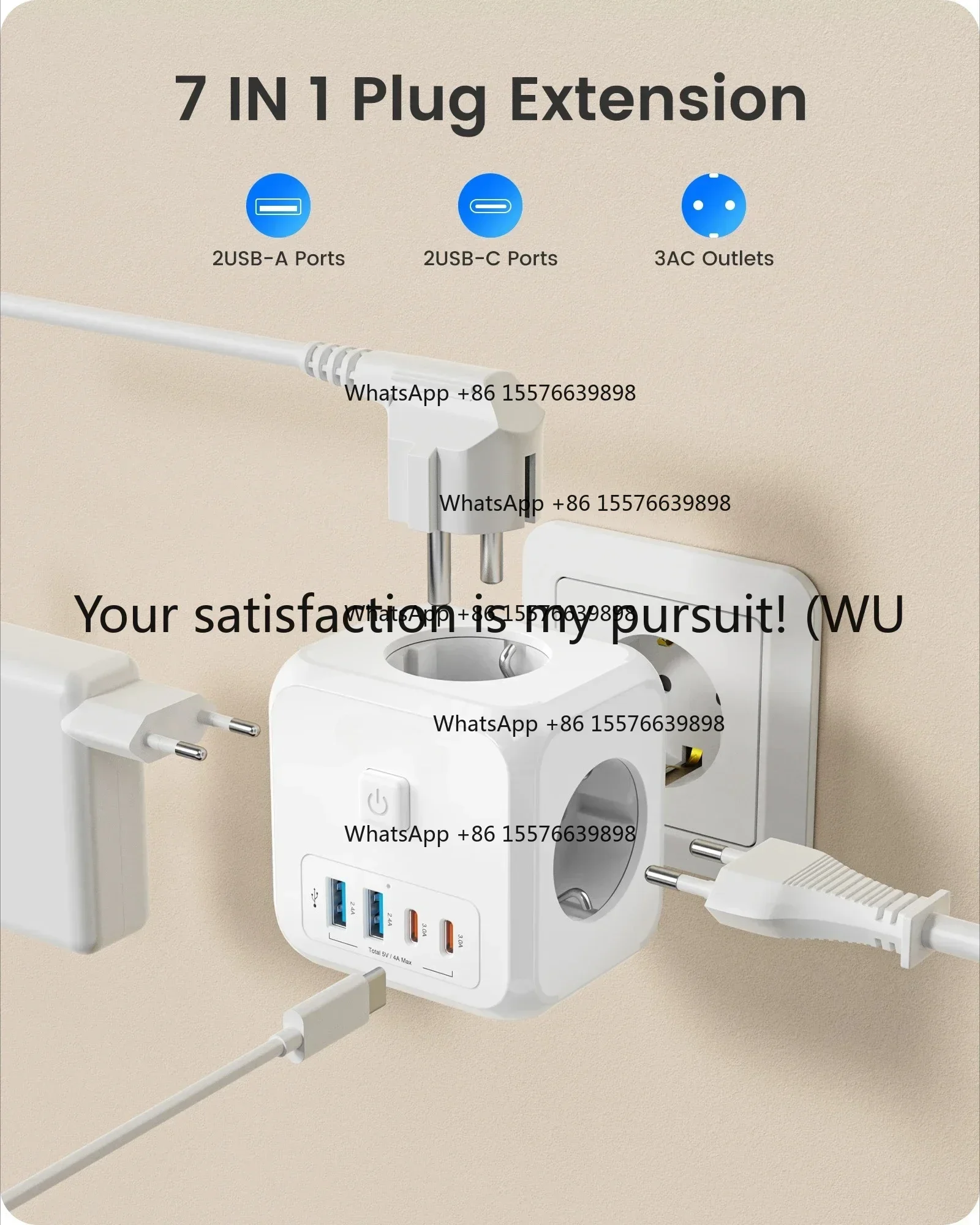 ZOCI-FOR 7-in-1 EU Plug Wall Socket Extender with 3AC Outlets+ 2 USB-A+2 USB-C Cube Socket On/Off Switch Adapter for Home