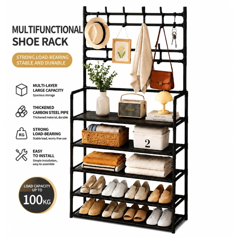 5 Tier Clothing Rack with 8 Hooks Multifunctional Shoe Storage Organizer for Entryway Bedroom Dorm Black