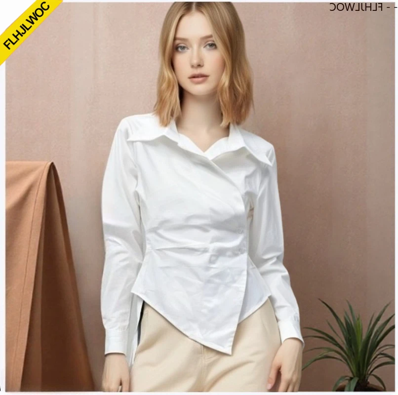 Chic Style coréen Peplum hauts Blouses nouveau 2025 à manches longues filles Style Preppy taille mince conception blanc bouton bleu rayé chemises
