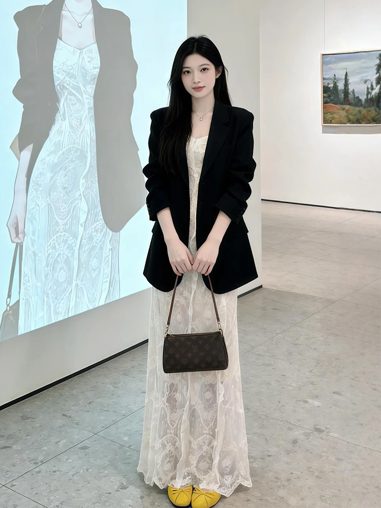 

Black Suit Jacket And Dress Set Women's plus Size Fashionable Spring Outfit High Waist Long Skirt Lightweight Winter Clothes
