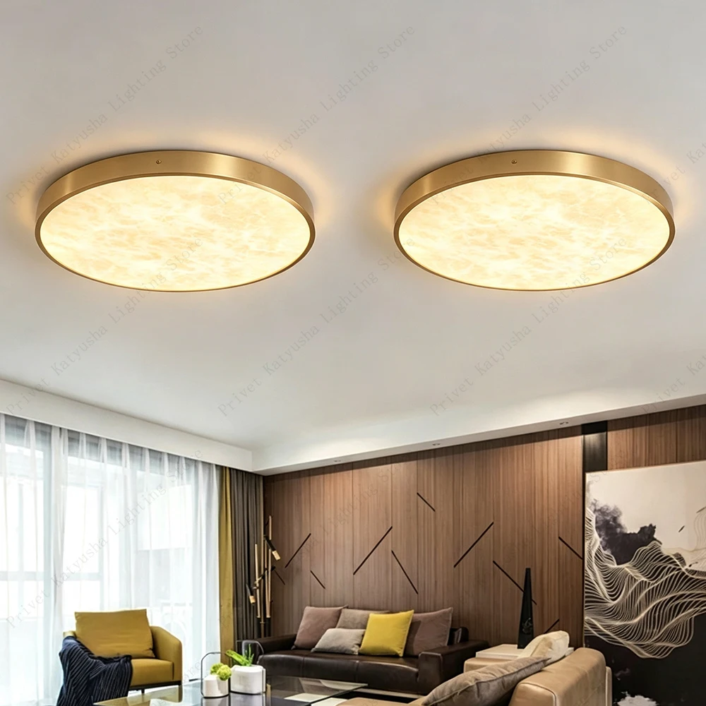 Round Gold Thin Spanish Marble Ceiling Lights Led Home Decoration Brushed Copper Alabaster Lighting Fixture for Living Room