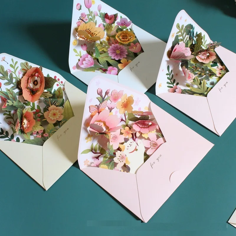 3D Pop Up Card Laser Cut Post Card for Birthday Party Wedding Decoration Romantic Flower Greeting Cards with Envelope Creative