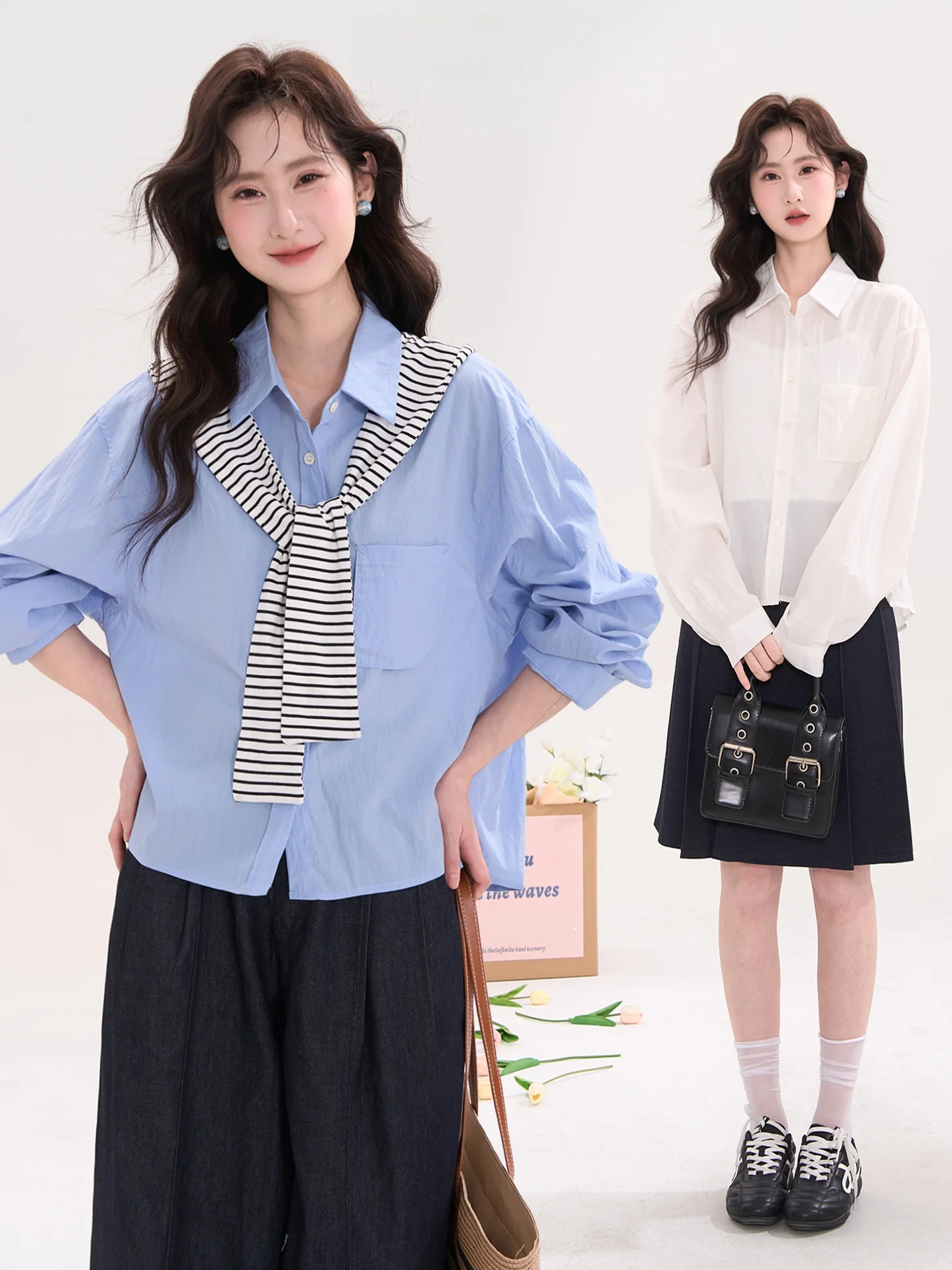 

Женский весенний комплект Heme: рубашка с длинным рукавом, капюшоном и полосками, а также шарф, в корейском стиле, прямого кроя, из смесового полиэстера