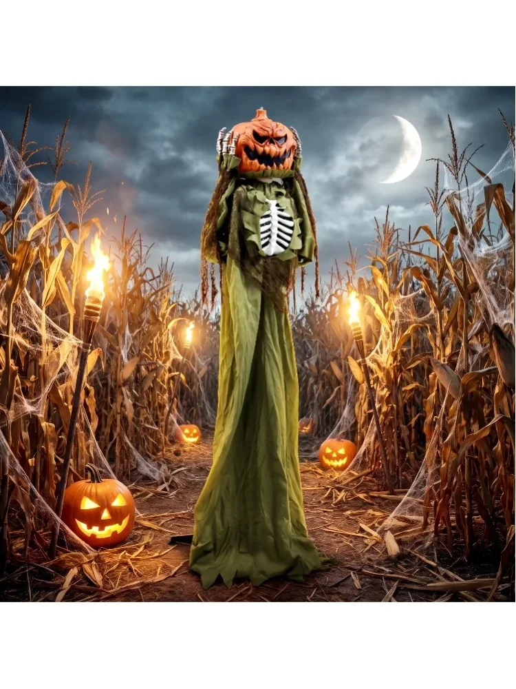173 cm – animowana dekoracja na Halloween w kształcie dyni i szkieletu, trójwymiarowa, przerażająca czaszka z chłodnym, białym światłem LED, reagująca na dźwięk i dotyk, mówiąca rekwizyt, figurka w — 2
