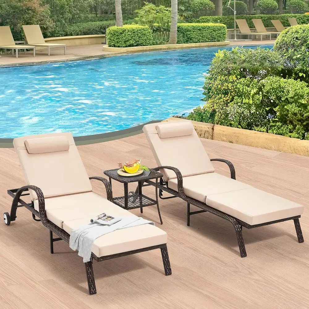 

2-Piece Wicker Outdoor Lounge Set with Adjustable Reclining Chairs and Side Tables, Poolside Lawn Furniture, Khaki