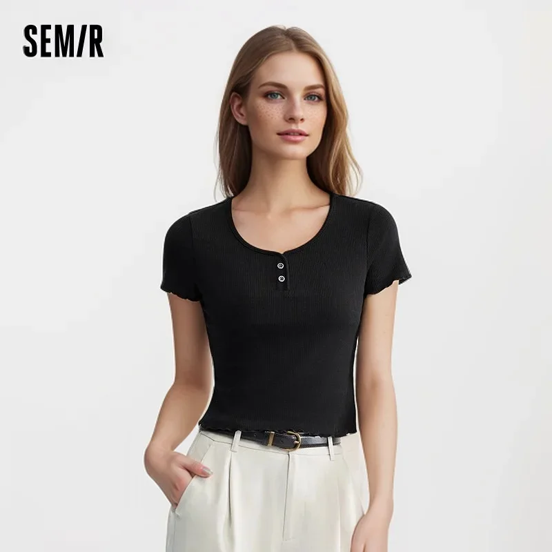 Semir Short-Sleeved T-Shirt For Women Short And Gentle Solid Color With Ruffled Edges New In 2024 Summer Slim Fit Top