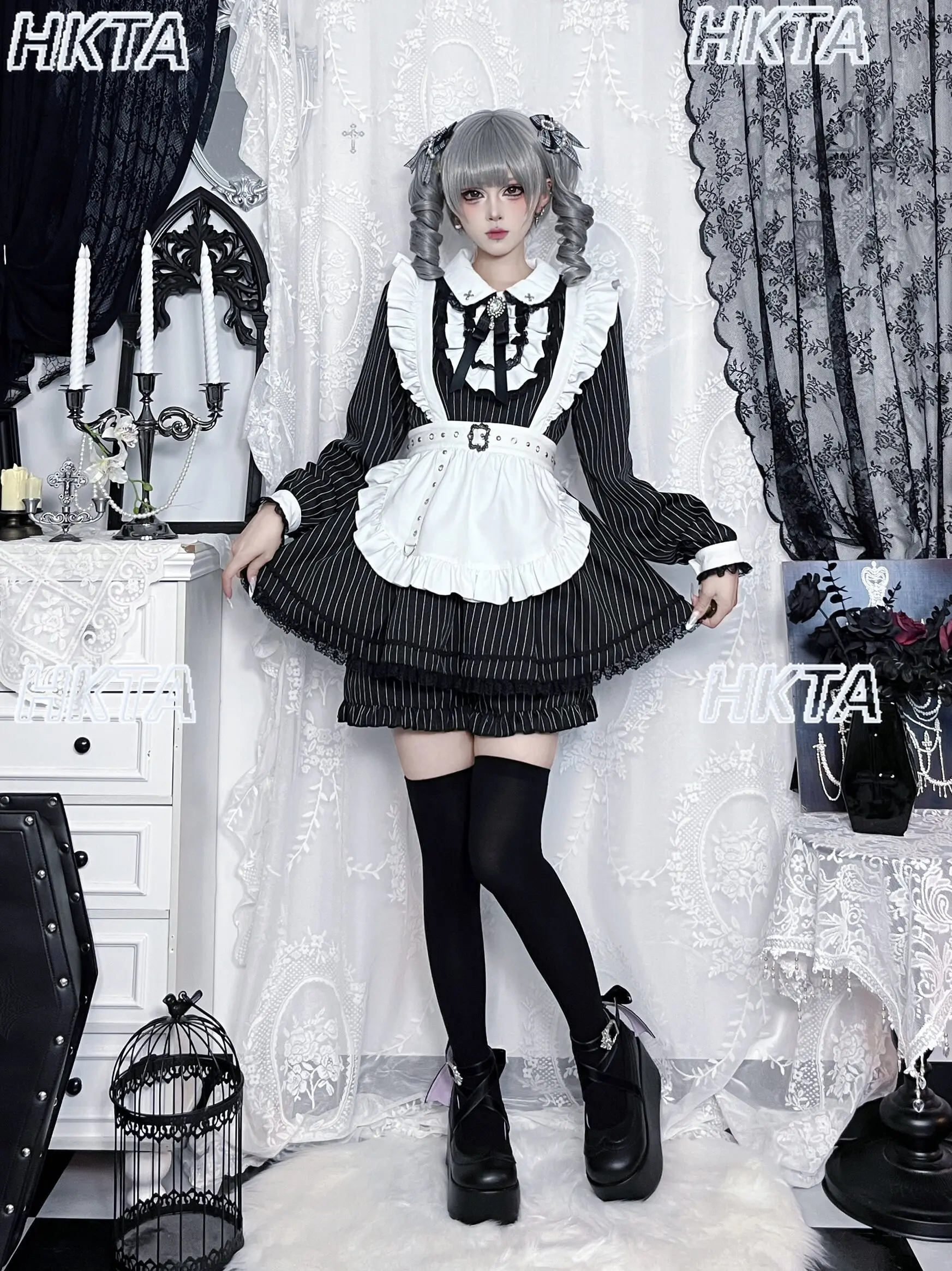Japanese Mass Produced Subculture Dark Sweet Cool Goth Y2k Striped Two Dimensional Cosplay Lapel Lace Bow Dress Shorts Set Women