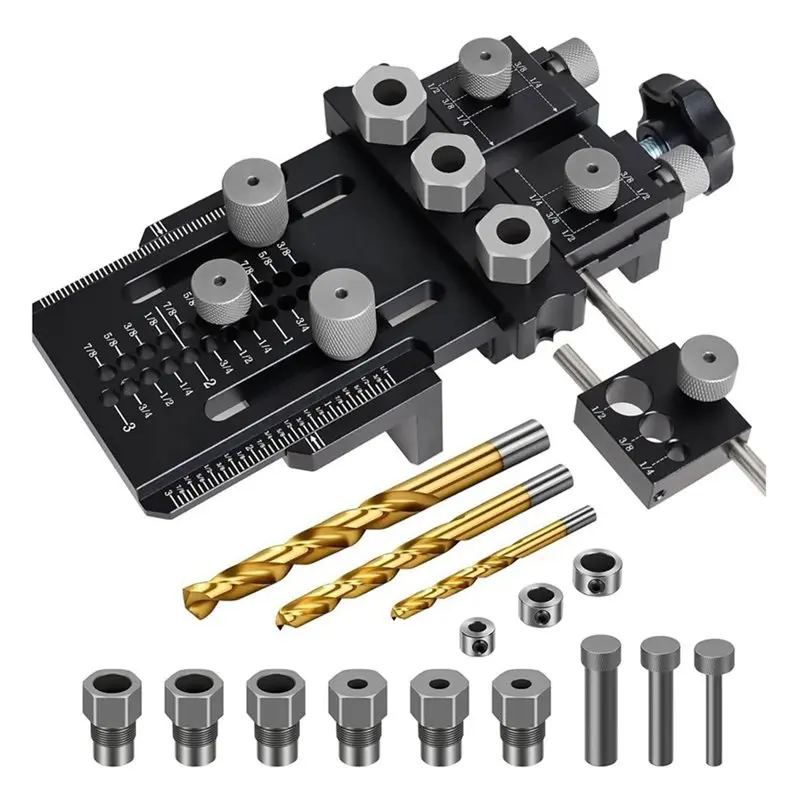 ABLN-Woodworking Dowel Jig Kit Adjustable Drill Guide 1/4 3/8 1/2 Inch Bushings & Bits For DIY Wood Joints