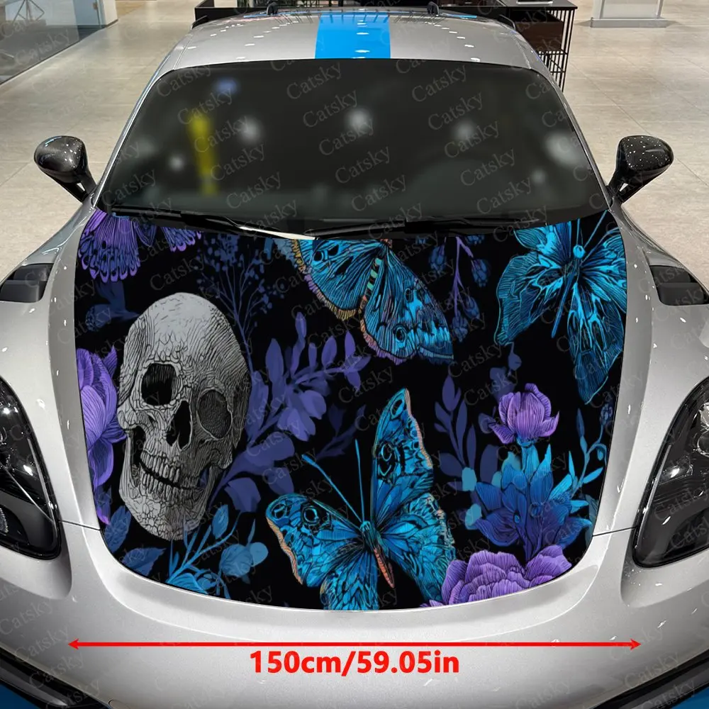 Car Decal Artistic Fusion of Skull, Purple Floral and Butterfly Elements in Dark Gothic Style Car Hood Sticker, Waterproof Self