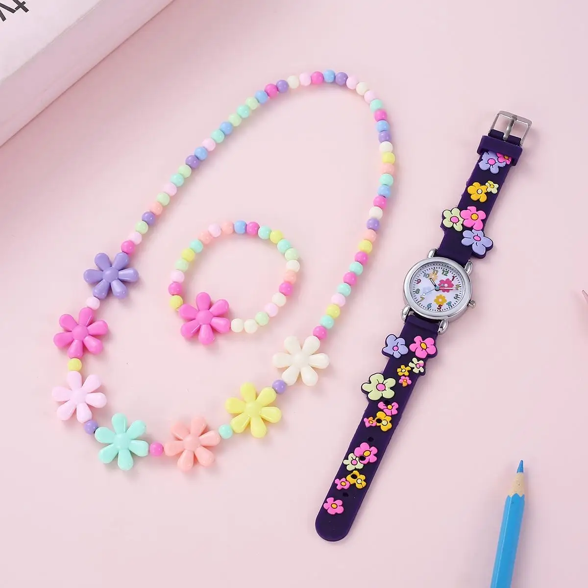 

3-piece set of floral watches with children's necklaces and bracelets, cute children's gift combination