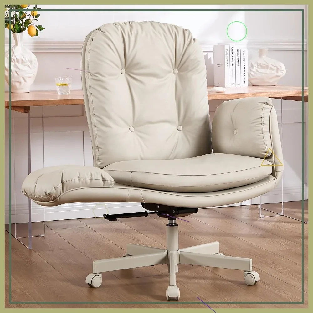Silla de Oficina Giratoria Ajustable con Reposabrazos y Ruedas para Sentarse con las Piernas Cruzadas, Silla de Maquillaje de Cuero PU (Crema)