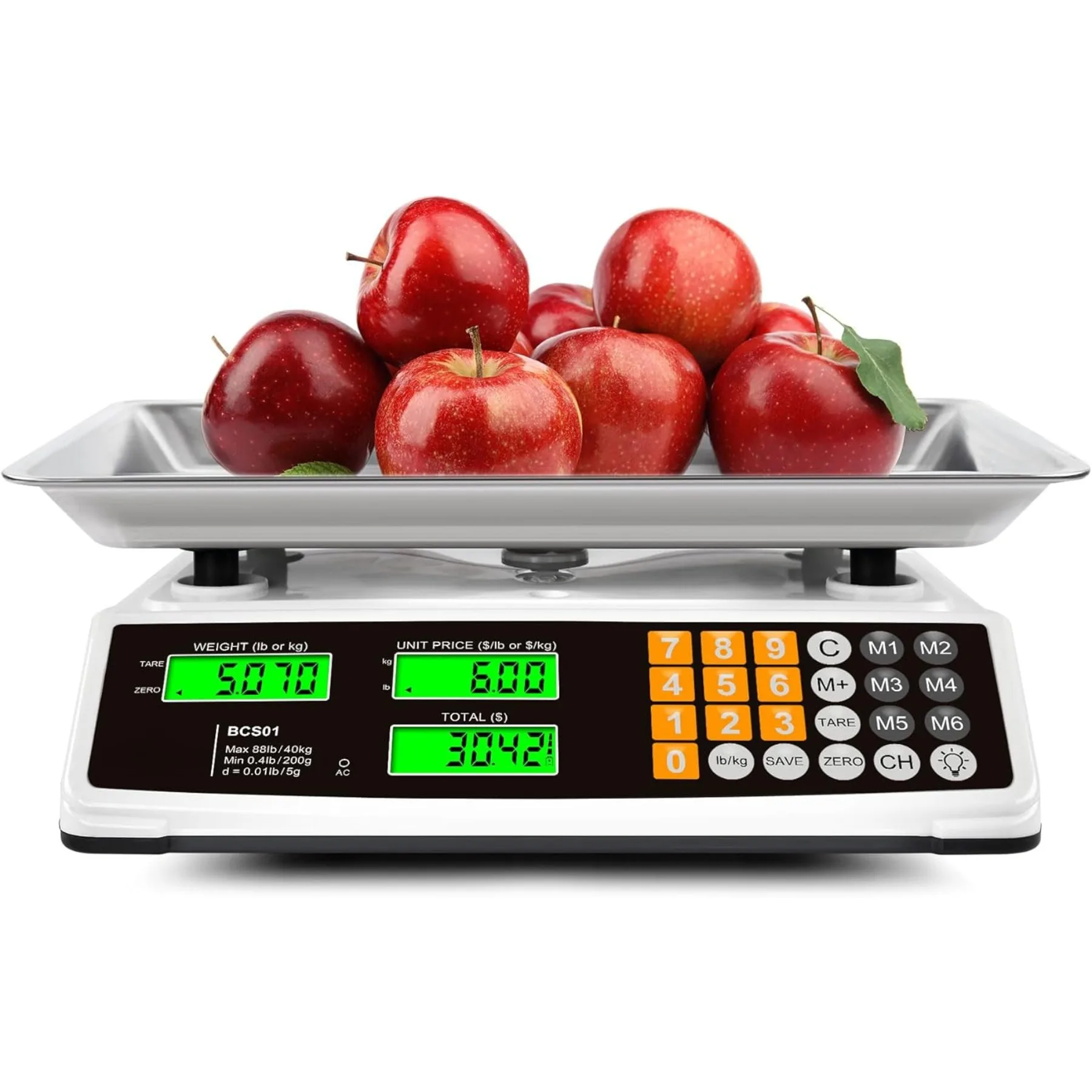 

Price Computing Scale 88lb/40kg Commercial Food Scale for Produce Meat with Stainless Steel Large Platform, LCD Display
