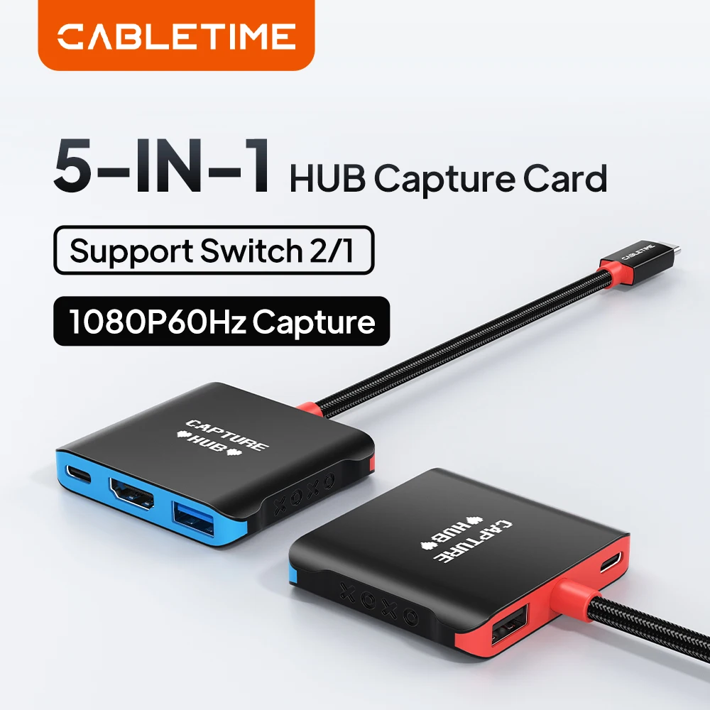 CABLETIME 5 in 1 Hub Capture Card 1080P@60Hz 5Gbps TV Dock USB C Docking Station  for Switch 1/2/OLED Macbook Laptops