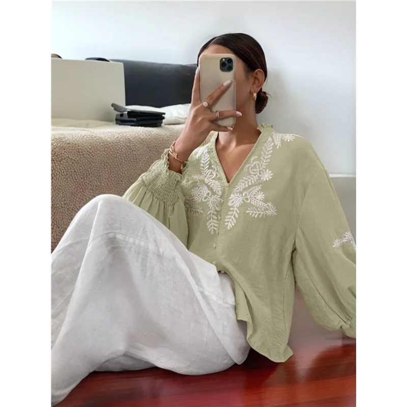 

CGS-Women's Embroidered Linen Shirts Button Up Sleeve V Neck Boho Blouse