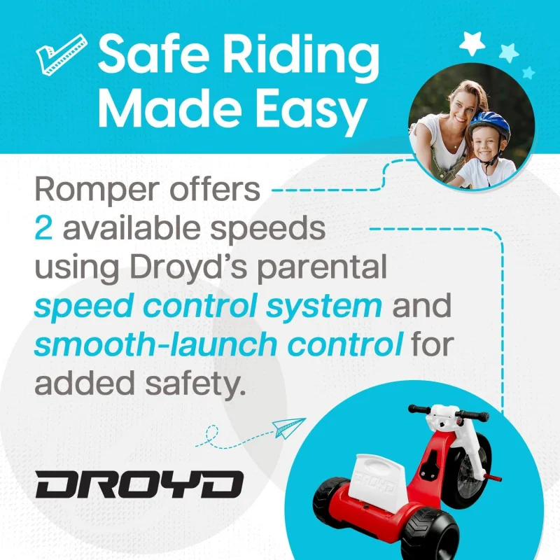 Droyd mameluco triciclo eléctrico para niños, vehículos motorizados con Control de velocidad Parental, asiento ajustable, luces LED multicolor