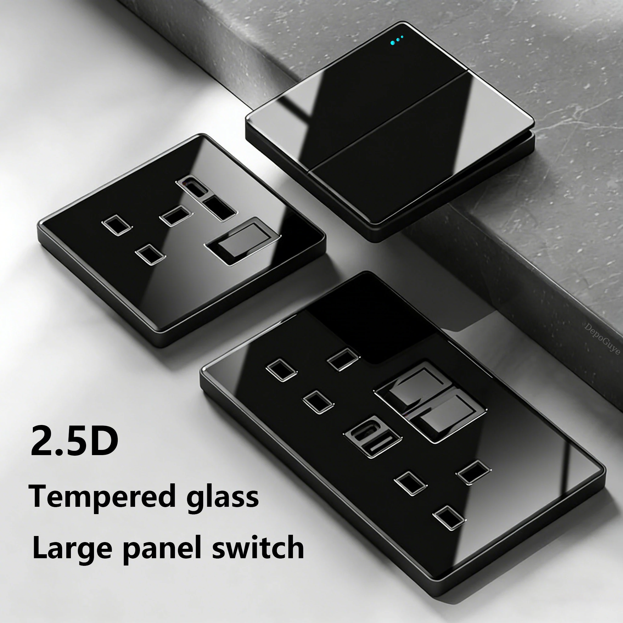 Luksusowe wszystkie hartowane szklane światło ścienne przełącznik przycisk czarny UK wtyczka 13A uniwersalne gniazdo ścienne z Usb, przełącznik prędkości 220V1gang2way — zdjęcie 3