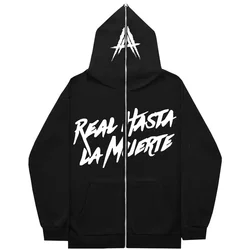 Men's Hoodies with Full Face Zipper, Inner Fleece Sweatshirt, Women's Streetwear Tops, AA Real Hasta La Muerte