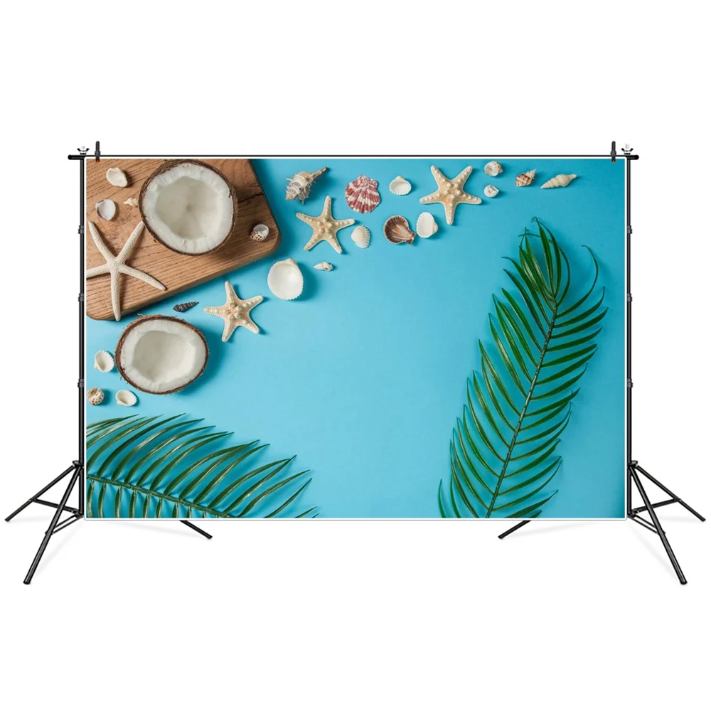 Summer Blue Seaside Photography Backgrounds Tropical Kids Flat Lay Palm Leaves Shells Children Backdrops Photographic Portrait