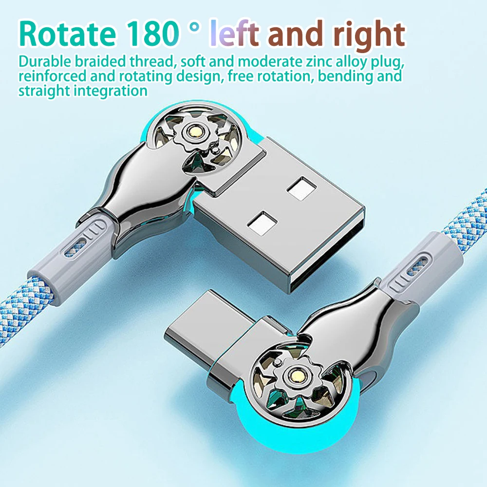 180 Degree Elbow Rotation USB A to Type C Zinc Alloy Braid Data Charger Cable USB Fast Charging Cable For Huawei Samsung Xiaomi